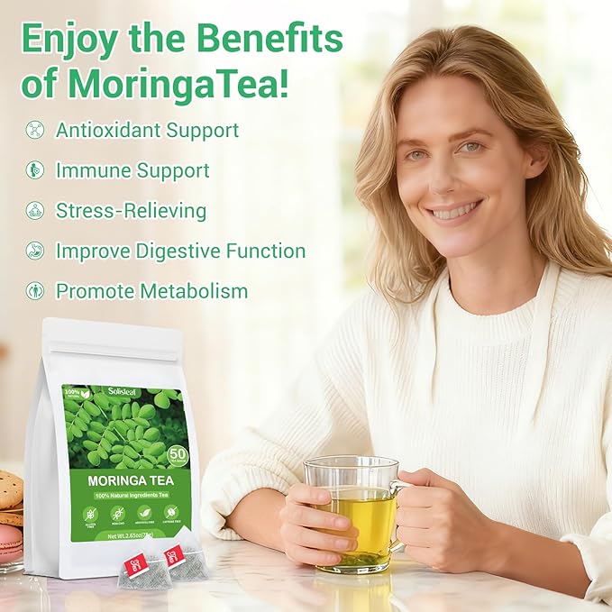 Moringa Tea, 100% Pure & Natural Moringa Leaves Herbal Tea Bags, Supporting Digestion & Immune System, Additive Free, Sugar Free, Non-GMO (50 Bags/1 Pack)