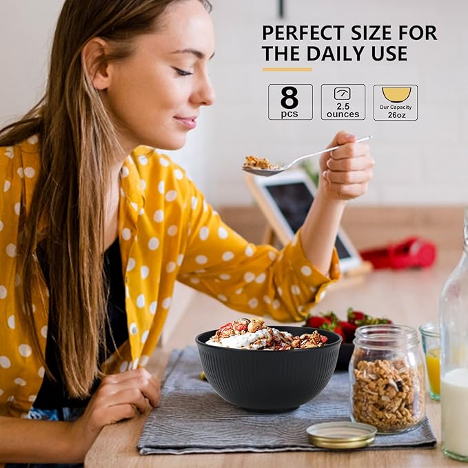 PYRMONT Unbreakable Cereal Bowl 26 OZ Alternative Plastic Bowls Reusable Wheat Straw Bowls Set of 8 Dishwasher & Microwave Safe Bowls for Kitchen,New Home Black Serving Bowls for Soup,Breakfast