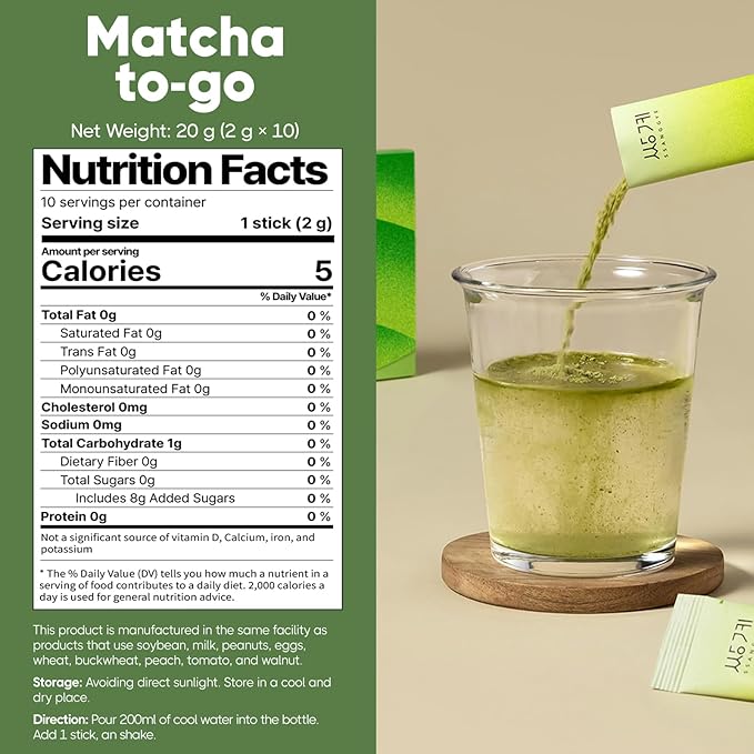 Ssanggye Matcha TO-GO | 2g x 10 Stick (total 0.7oz) | Ceremonial Grade Korean Matcha Powder from Jeju Island | Single Serve Sachets for On-The-Go | Green Tea Latte Cold Hot Daily Drink Individual Tea Packets