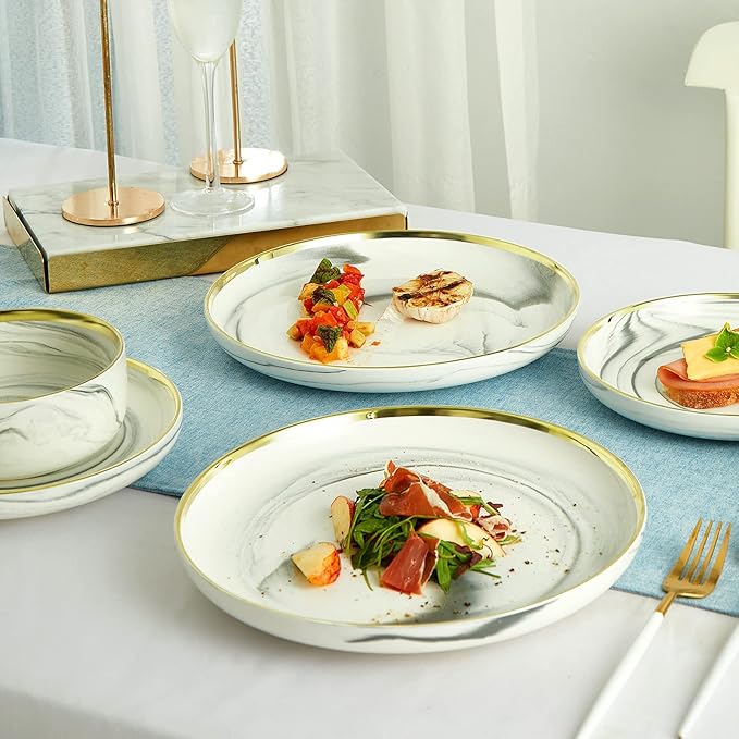 Pokini Marble Gold Rim Dinnerware Sets, Porcelain Plates and Bowls Sets, Modern Luxury Dish Set for 4, White Grey China Dinner Set for Special Occasions, Hand Wash Quickly