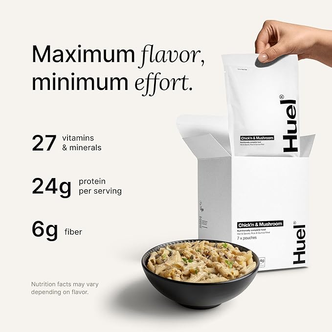 Huel Hot and Savory Meal Packs | Chick'n & Mushroom | Up to 25g Protein Plant Based Instant Meal | 27 Vitamins and Minerals | 100% Nutritionally Complete | 7 Pack