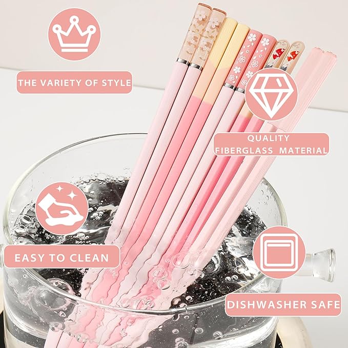 Chopsticks Reusable Dishwasher Safe, 9.57 inches Pink Non-slip Lightweight Fiberglass Chop Sticks, Asian Cuisine Japanese Chinese Chopstick Gift Set, 5 Pairs