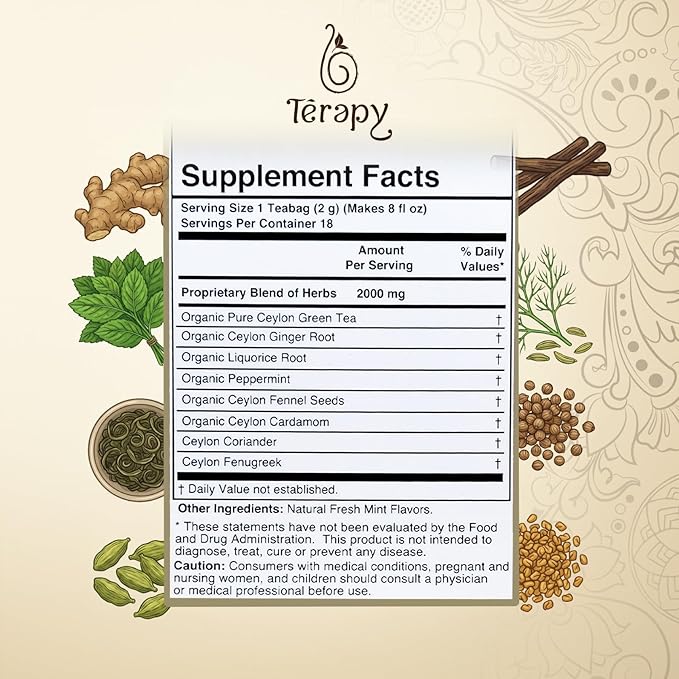 TERAPY Ceylon Stomach Ease Tea – Ayurvedic Herbal Tea for Healthy Digestion, Gut Health, Tummy Tea, Gas Relief, & Stomach Soothing – Relieves Bloating, Gas, Indigestion & Constipation – 18 Bags