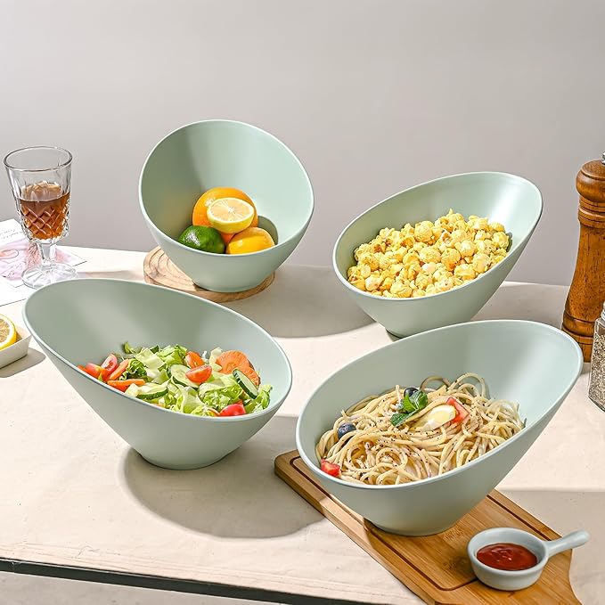 LOVYANXUE Bamboo Fiber Salad Bowls, 4 Packs Serving Bowls Blue Green, Compostable 33 Ounce Elegant Angled Bowls for Salad, Pasta, Soup, Prep, Ideal for Home and Restaurant