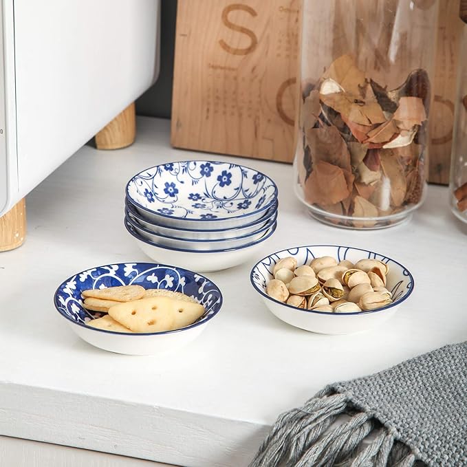 Selamica Ceramic Dipping bowls, 2.5oz Mini Bowl Soy Sauce Dish, Appetizer Side Dishes for Sushi,Sauce, Party, Pack of 6 (Vintage Blue)