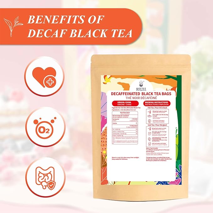 WT WEETEE Decaf Black Tea Bags, 100 Count CO2-Decaffeinated Black Tea, Smooth & Mild Taste | Drink All Day | Resealable Kraft Bag