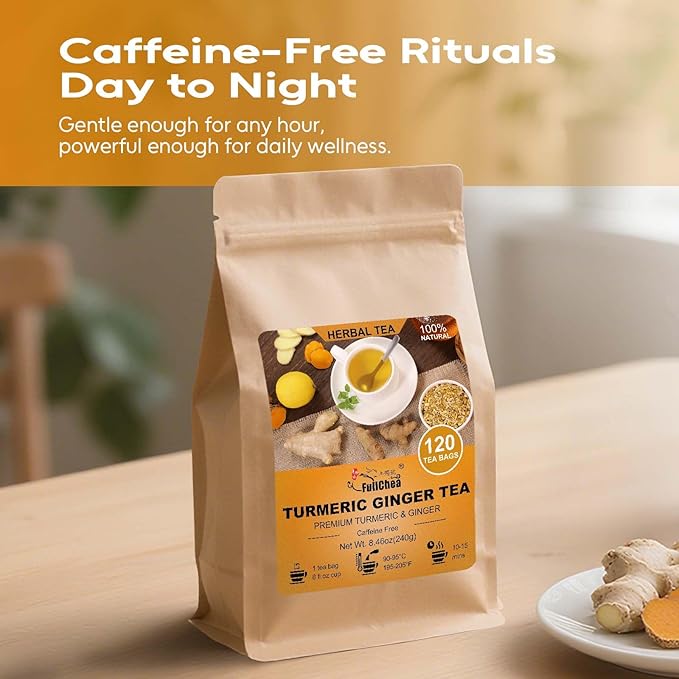 FullChea - Turmeric Ginger Tea Bags, 2g×120 Count - Premium Ginger & Turmeric - Non-GMO - Caffeine-free - Aid Digestion & Provide Antioxidants