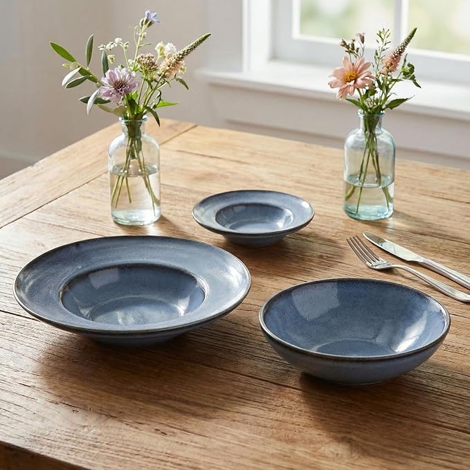 Pasta Plates with Rim 14 oz, Soup Bowl Pasta Bowl Set of 2, Shallow Bowl Plate, Ceramic Wide Rimmed Soup Bowl, Best choice for high-end restaurants, hotels, and foodies,11 Inch Blue