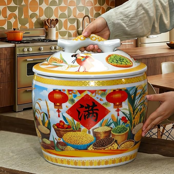 Home airtight Ceramic kitchen Storage Jar, Large Capacity Food Storage Jar, Rice Storage Container With lid, Grain & Rice Dispenser, for Flour, Sugar, Cereal, Coffee.(10KG)