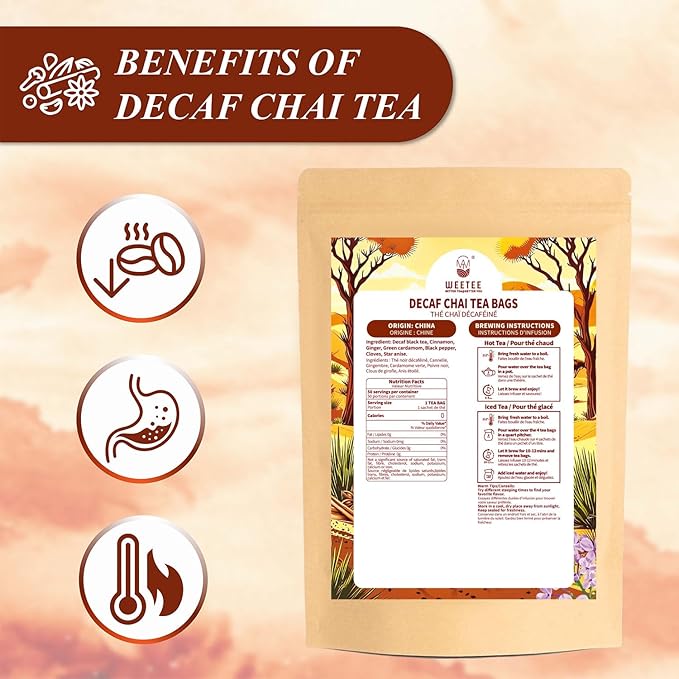 WT WEETEE Decaf Chai Tea Bags 50 Count, Blend CO2 Decaffeinated Black Tea with 6 Spices Chai, Rich & Cinnamon Aroma, Dairy & Flavoring Free