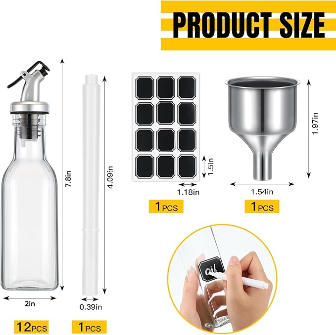Hushee 18 Pcs Clear Glass Olive Oil Dispenser Bottles Sets Include 5oz Glass Bottle with Spout Vinegar Cruet Container for Kitchen Stainless Steel Funnel Black Label with White Pen