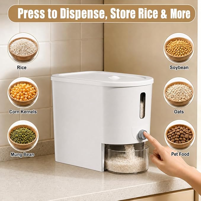 Rice Storage Container with Measuring Cup, Food Grain Dispenser for Dry Goods, Multi-Purpose Kitchen Pantry Storage Box (White-10 pounds)