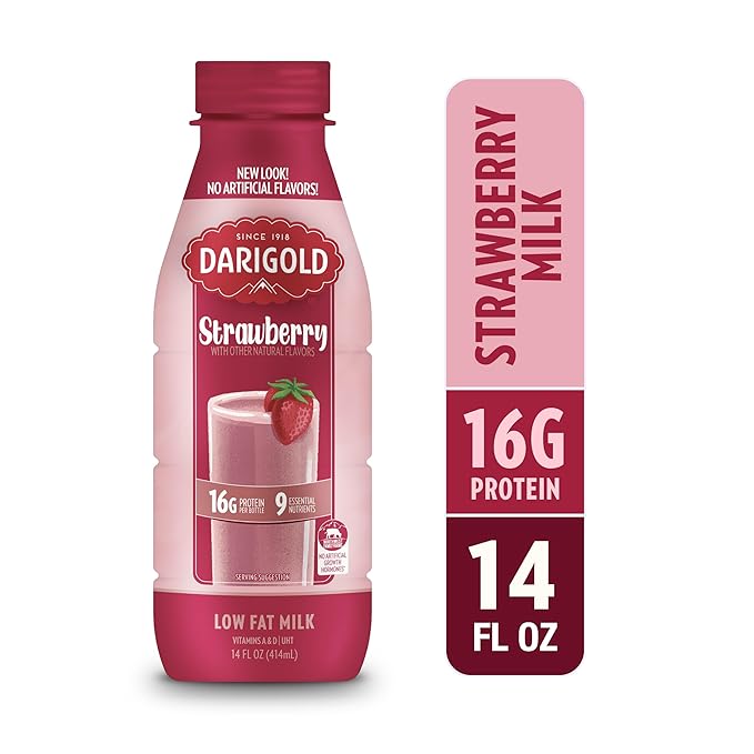 Darigold 1 Percent Milk, Reduced Fat Shelf Stable Milk with 9 Essential Nutrients, 16g Protein, rsBT Free - 14oz, 12 Pack (Strawberry)