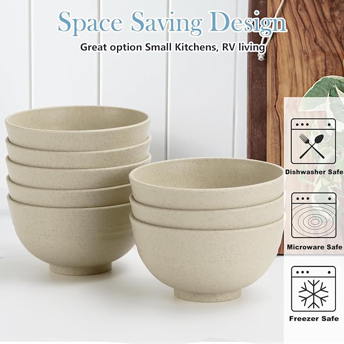 PYRMONT Wheat Straw Bowls Set of 8 Unbreakable Small Bowls 10 OZ Alternative Plastic Bowls Reusable Stackable Ice Cream Bowls for Kitchen Dishwasher & Microwave Safe Cute Bowls for Dessert,Snack-Beige