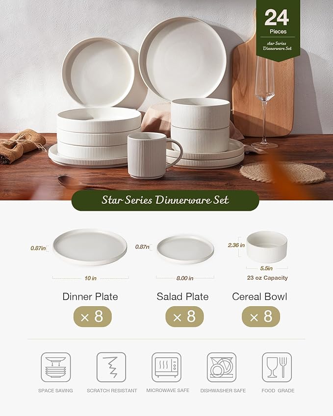 Famiware Star Plates and Bowls Sets, Modern Stoneware Dinnerware Sets for 8, 24-Piece Kitchen Dish Set - Microwave and Dishwasher Safe, Chip and Scratch Resistant, Matte White