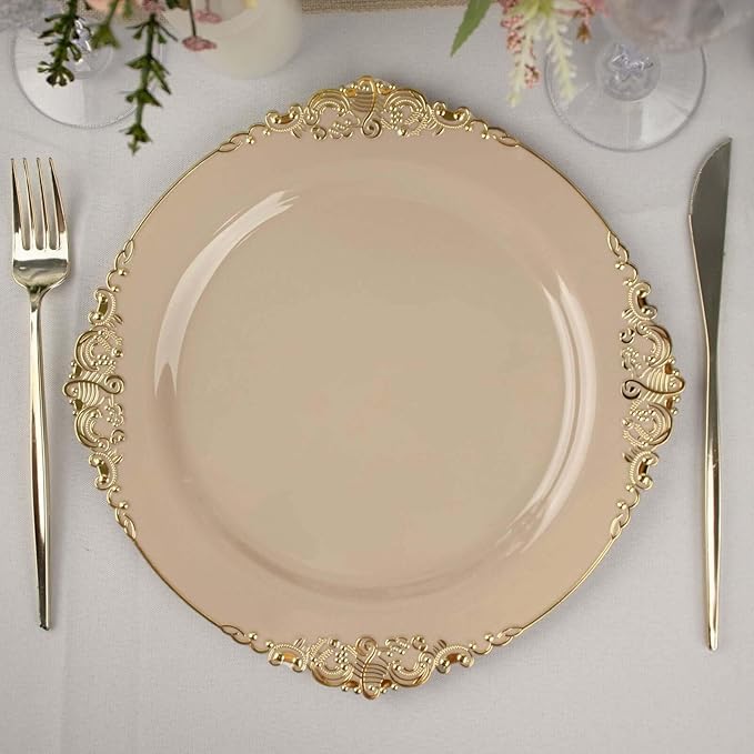 Efavormart 10 Pack | 10" Taupe and Gold Baroque Dinner Plates, Leaf Embossed Metallic Rim Heavy Duty Serving Plates for Neutral Organic Weddings
