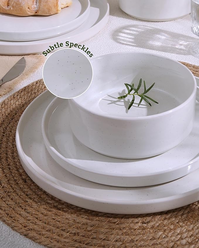 Famiware Nebula Dinnerware Set with Pasta Bowls, Service for 4 (16pcs), Fine Stoneware Plates and Bowls Sets, Microwave and Dishwasher Safe Dishes Set, White