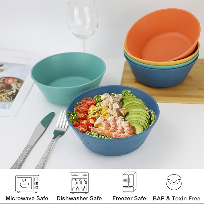 PYRMONT Large Cereal Bowls 36 OZ Wheat Straw Bowls Set of 8 Alternative Plastic Bowls Reusable Microwave & Dishwasher Safe Unbreakable Bowls for Salad Kitchen Bowls for Serving,Camping,RV-Multi