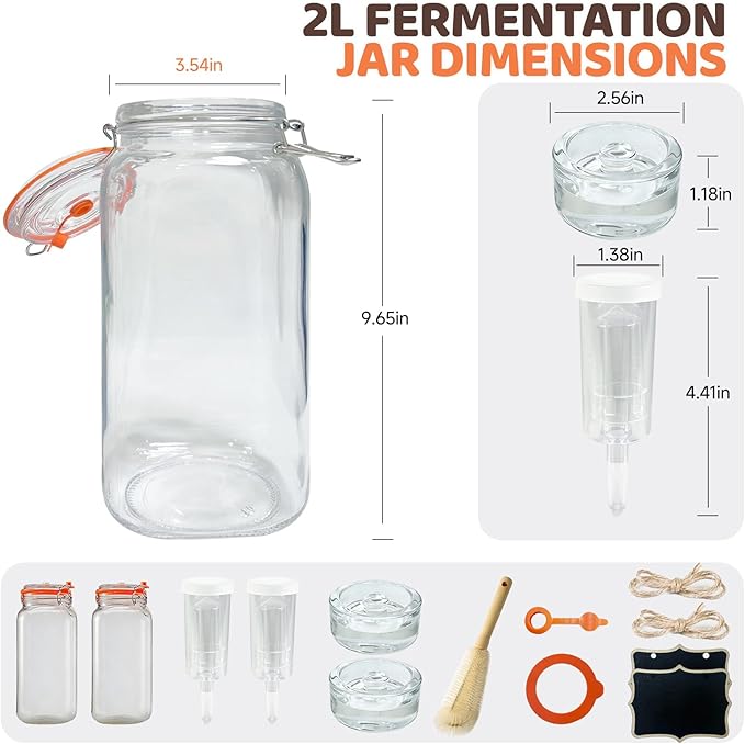 Fermentation Jar, 2 Pack 64oz Glass Fermenting Kit with Fermenting Weights Airlocks Brush,Sealed fermentation lids Tracks ferment date