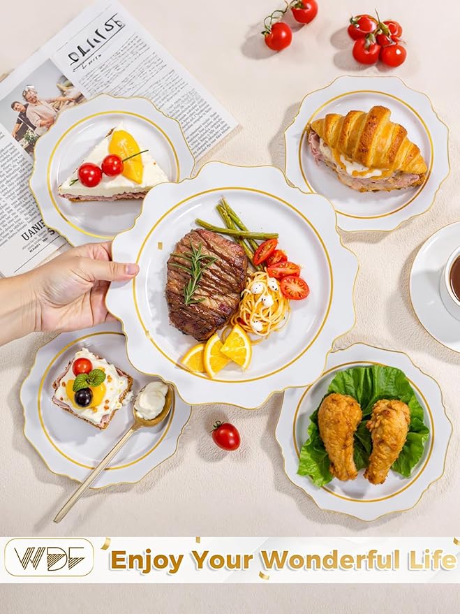 WDF 100PCS White and Gold Plastic Plates - Gold Disposable Plates - Include 50 Dinner & 50 Dessert Plate for Party - Heavy Duty Fancy Plastic Plate for Wedding/Thanksgiving/Bridal shower (Pack of 2)