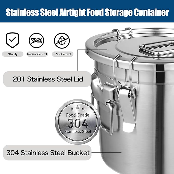 304 Stainless Steel Airtight Canister, 8.72Gal/33L Stainless Steel Airtight Food Storage Container with Lid and Lock Clips, Large Metal Storage Canister for Coffee Beans, Flour, Tea, Sugar, Cereals