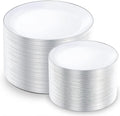 KIRE 200PCS Silver Plastic Plates - White Plastic Plates with Silver Rim Include 100 Dinner Plate and 100 for Dessert/Salad Plate for Birthday/Wedding/Party/Father's Day