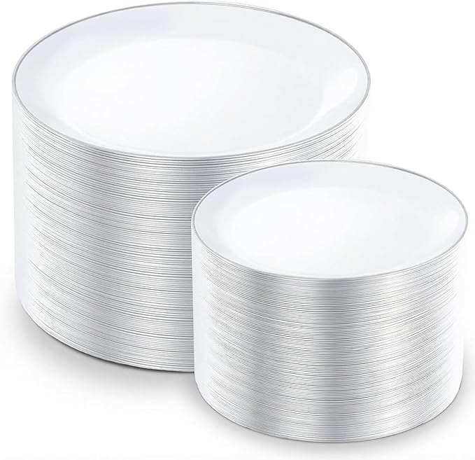 KIRE 200PCS Silver Plastic Plates - White Plastic Plates with Silver Rim Include 100 Dinner Plate and 100 for Dessert/Salad Plate for Birthday/Wedding/Party/Father's Day