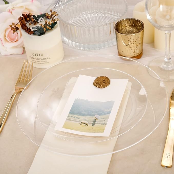 Hioasis 100pcs Clear Plastic Plates for Party - 10.25" Dinner Plates Disposable, Heavy -duty, Classy and Elegant for Weddin