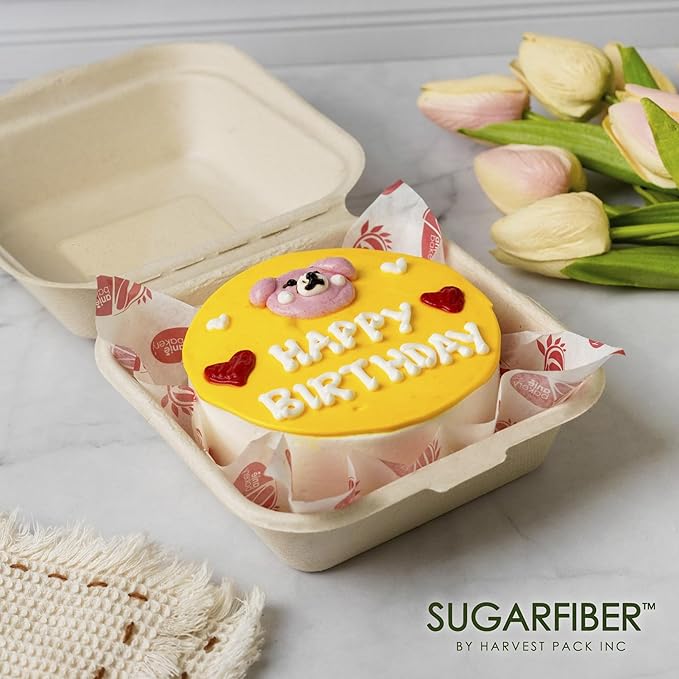 [50 COUNT]Harvest Pack 6 X 6" Compostable Clamshell Take Out Food Containers, PFAS FREE Square To go Containers with Lids, Heavy-Duty Disposable Bagasse Bento Cake Box, Eco-Friendly Sugarcane Fibers