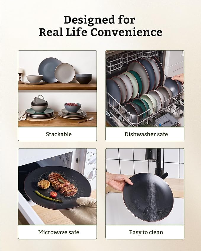Famiware Venus Plates and Bowls Sets with Trim, 12 Pieces Stoneware Chip‑Resistant Dishes Dinnerware Set for 4, Matte Black - Microwave/Dishwasher Safe, Modern Minimalist, Everyday Meals/Formal Dining