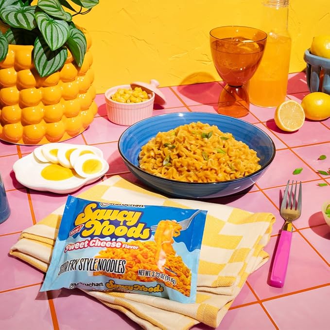 Maruchan Ramen Sweet Cheese, Saucy Noods – Wide Noodles with Creamy Cheddar Sauce, Bold Korean-Inspired Flavor, Made in USA – 3.23 Oz. (20 Pack)