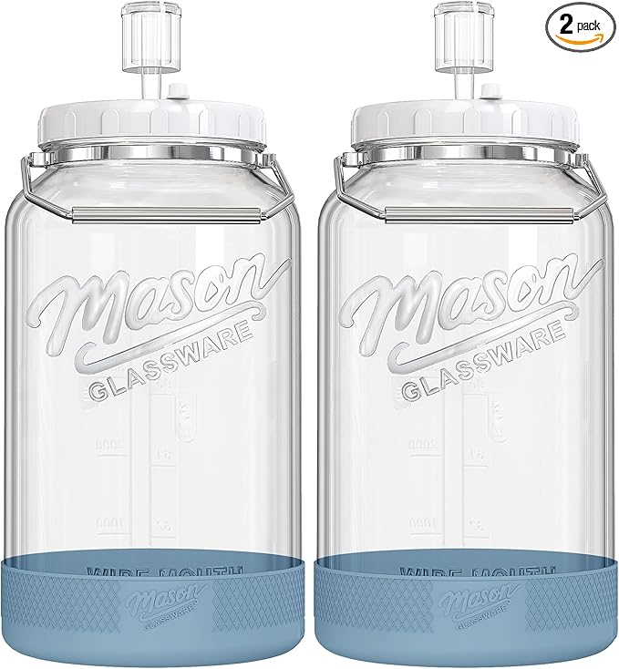 2 Pack 1.5 Gallon Large Fermentation Jars with Airtight Lids & Airlocks, Wide Mouth Glass Mason Jar for Mead Making, Brewing - 100% Leak-proof Pickle jars Kimchi Container with Handles & Bases