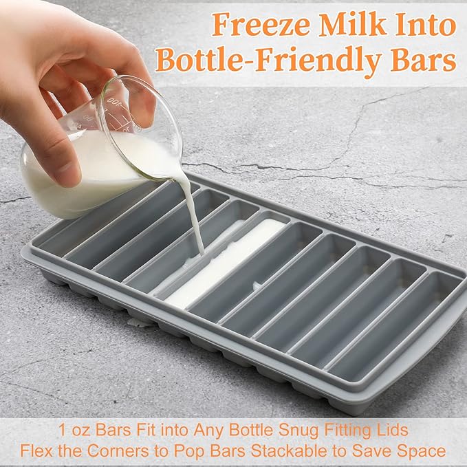 Eaasty 2 Pieces Breastmilk Storage Container Baby Food Milk Silicone Freezer Trays with Lid Breastmilk Freezer Tray Organizer Ice Trays Silicone Storage Bag Tray 10-1 oz Bars(Gray)
