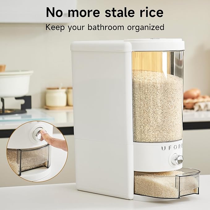 UFORU Rice Dispenser 20 lbs | Large Rice Storage Container for Kitchen&Pantry - Space-saving, Moisture & Pest-proof, BPA-Free - Dry Food Dispenser with One-Touch Dispenser & Measuring Cup for Families