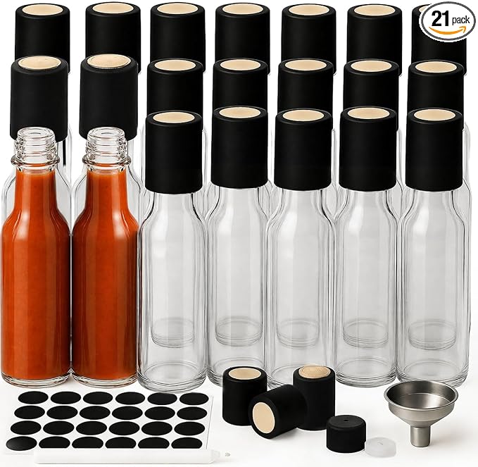 WERTIOO Hot Sauce Bottles 21-Pack 5oz Round Small Glass Bottles with Caps & Funnel - Reusable Mini Sauce Containers for Chili Oil, Vinegar, Gift Favors - Leakproof & Label-Ready