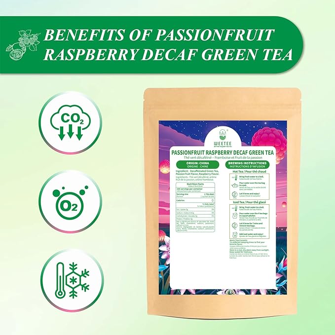 WT WEETEE Decaf Passionfruit Raspberry Green Tea, 100 Count Passion Fruit Raspberry Flavored Decaffeinated Green Tea Bags, CO2 Decaffeination
