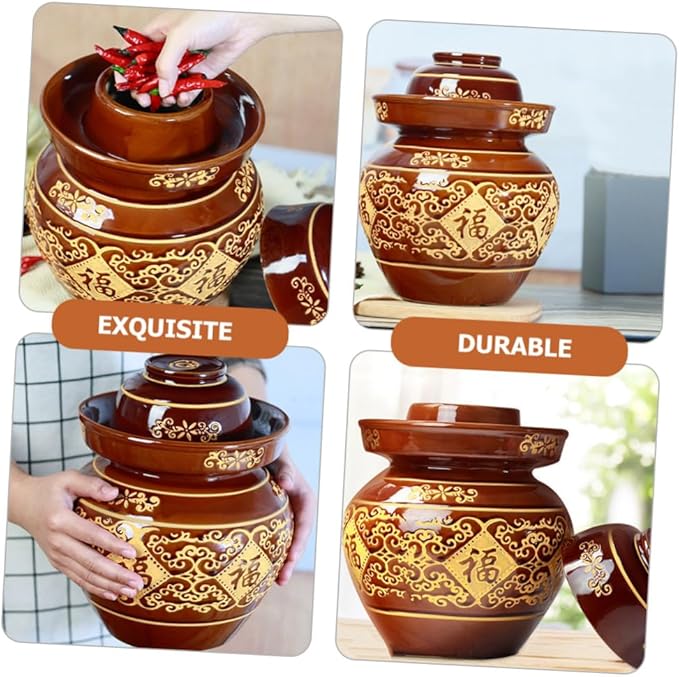 HEMOTON Glass Pitcher Pottery Fermenting Jar Chinese Pickle Jar Fermenting Crock with Water Seal Airlock Lid Jar Crock for Pickling Kimchi Sauerkraut Vegetables Brewing Wine Glass Containers