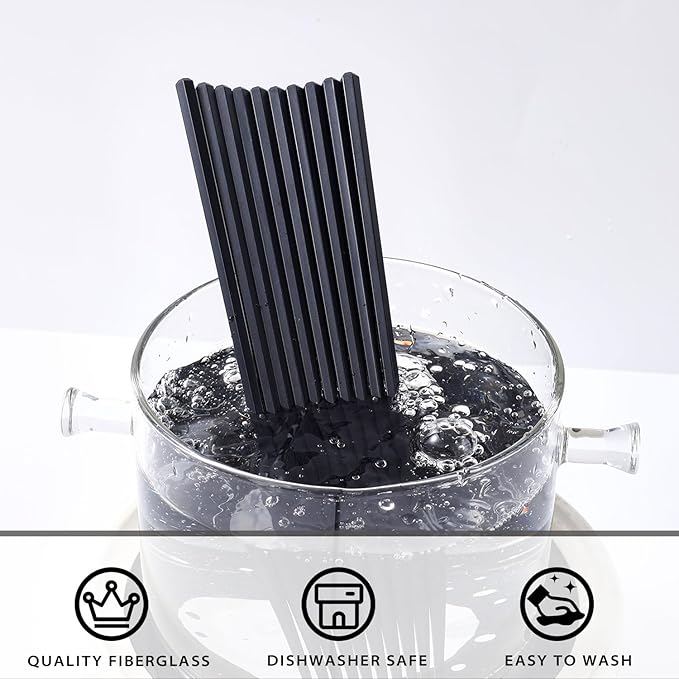 10 Pairs Fiberglass Chopsticks Non-Slip Tips, Dishwasher Safe & Reusable Japanese Korean Chopsticks for Sushi Ramen, 9.63 inch/24.5cm Chop Sticks for Family Restaurant - Black