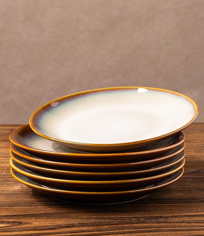 LERATIO Ceramic Dinner Plates Set of 6, 8.0 Inch Handmade Reactive Glaze Porcelain Plates, Coupe Shape Dinnerware Dishes Set for Kitchen,Oven& Microwave & Dishwasher Safe, Scratch Resistant-Kahki