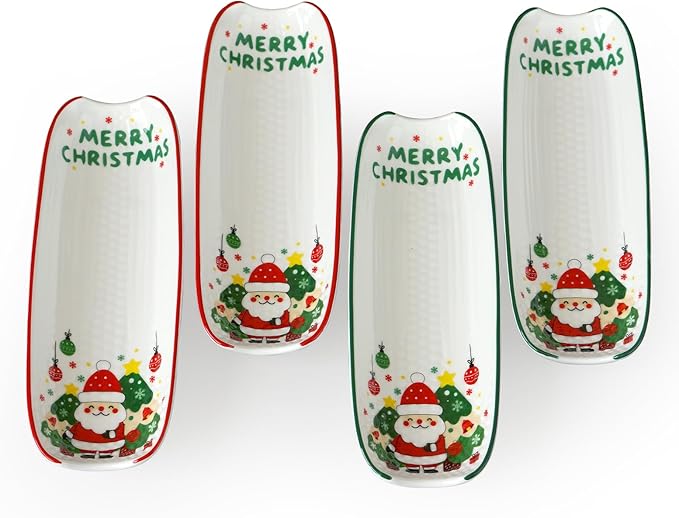 Cinf Ceramic Corn Cob Holders 8.8" Corn Dishes Set of 4, Xmas Dishes Non-slip Bottom Christmas Gifts Microwave Dishwasher Oven Safe (Xmas)