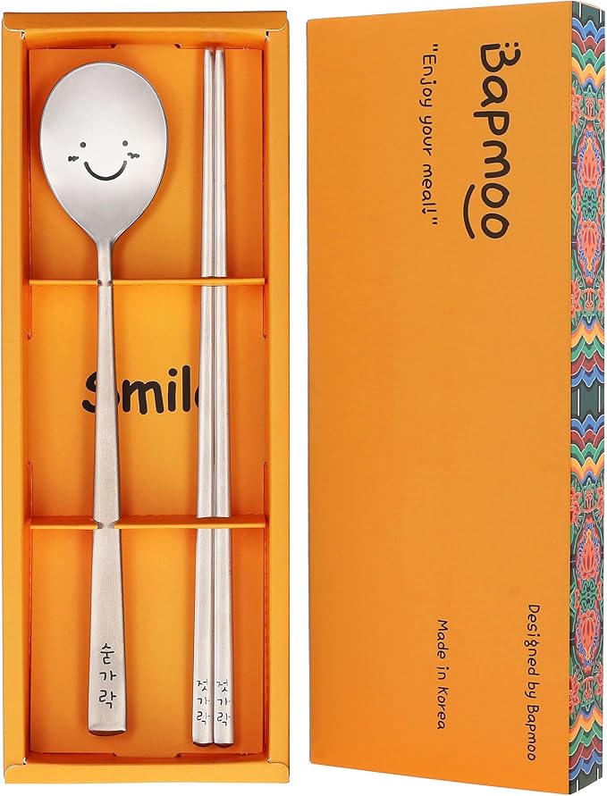 Korean Smiling Spoon and Chopsticks Set, Hangul Engraved Stainless Steel Tableware, Gift Ready Palace Inspired Box