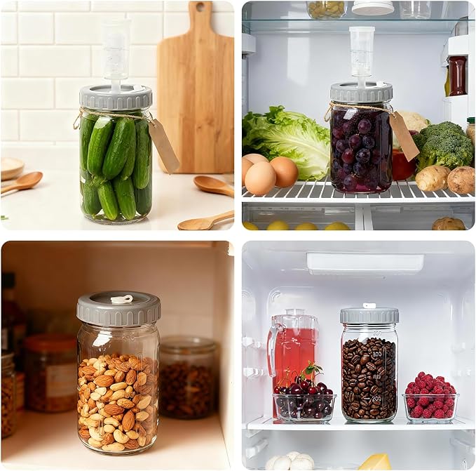 4-Pack Mason Jar Fermentation Kit(Jars Included) Four 32oz Fermentation Jars with Plastic Fermenting Lids, Airlocks, Silicone Rings & Grommets, and Glass Weights for Easy Fermenting & Storage