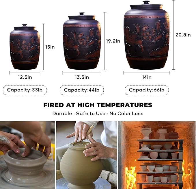 Rice & Grain Storage Container 33lb 44lb 66lb Rice Grain Dispenser Ceramic Rice Cylinder with Lid Airtight Bulk Food Storage Kitchen & Pantry Organization for Flour, Rice, Grain, Dry Food(66lb)