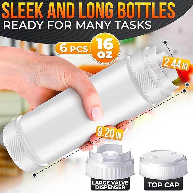 Set of 6 Condiment Squeeze Bottles for Sauces 16 oz – Easy-to-Fill Clear Bottles with Self-Closing Valve | Ready-to-Dispense for Dressings, Ketchup, Mustard & More, Durable, Reusable, Mess-Free Design