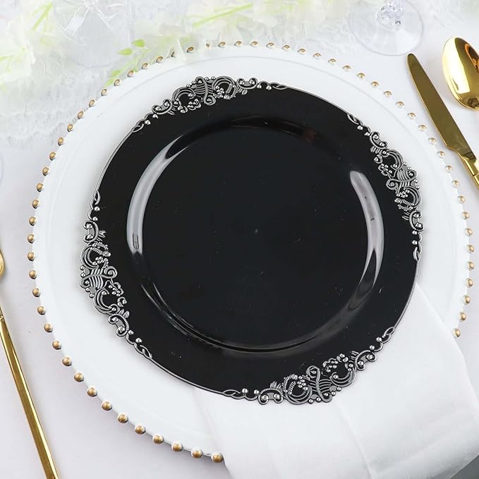 Efavormart 10 Pack | 10" Black and Silver Baroque Dinner Plates, Leaf Embossed Metallic Rim Heavy Duty Serving Plates for Corporate Events and Galas