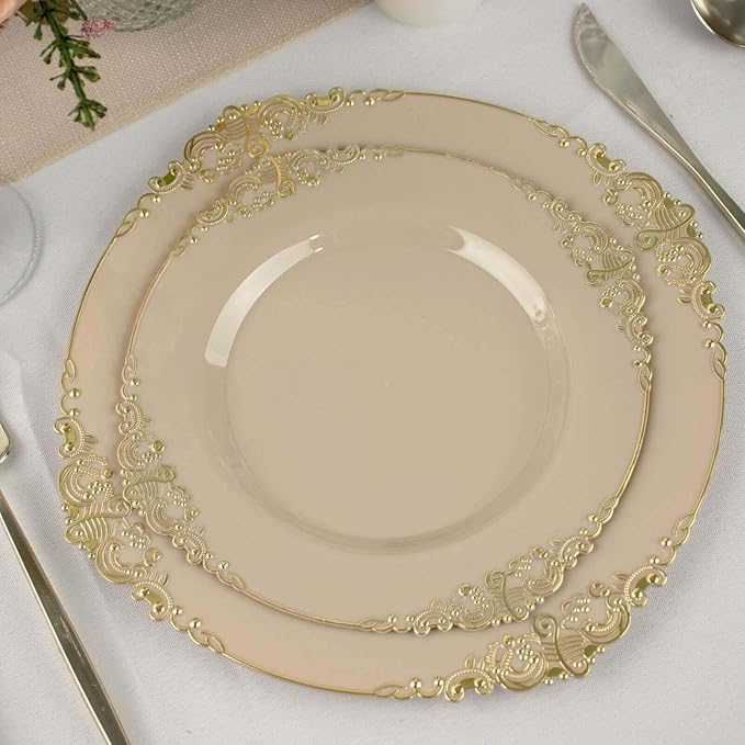 Efavormart 10 Pack | 8" Taupe and Gold Baroque Dessert Plates, Leaf Embossed Metallic Rim Heavy Duty Appetizer Plates for Boho Chic Gatherings