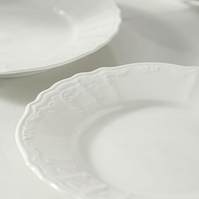 Neaylfe 8 Piece Embossed Ceramic Appetizer & Dessert Plates, 7.5 Inch White Round Salad Plate, Porcelain Dinner Dishes for Dessert, Cake, Snack, Waffles, Dishwasher & Microwave Safe