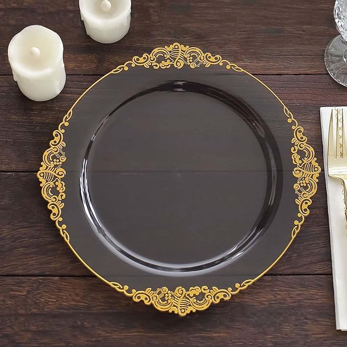 Efavormart 10 Pack | 10" Translucent Black and Gold Baroque Dinner Plates, Leaf Embossed Metallic Rim Heavy Duty Serving Plates for Modern Industrial Galas
