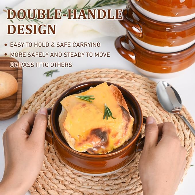 Vumdua French Onion Soup Bowls with Handles, 28 oz Ceramic Soup Crocks Oven Proof Soup Bowls for Chilli, Cereal, Pot Pies - French Onion Soup Crocks, Oven, Broil & Dishwasher Safe, Set of 4
