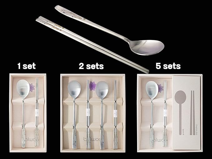 [2 Sets] [Made in Korea] Orchid Design Korean Style Sticky Rice Spoon Chopsticks Set 304 Stainless Steel Soup Spoon Ramen Chopsticks Flatware (2 Sets)